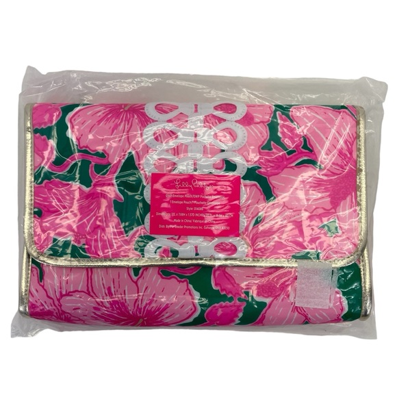 NWT Lilly Pulitzer “Hibis Kiss” Envelope Pouch Clutch Purse OS Pink/Green - Picture 3 of 9